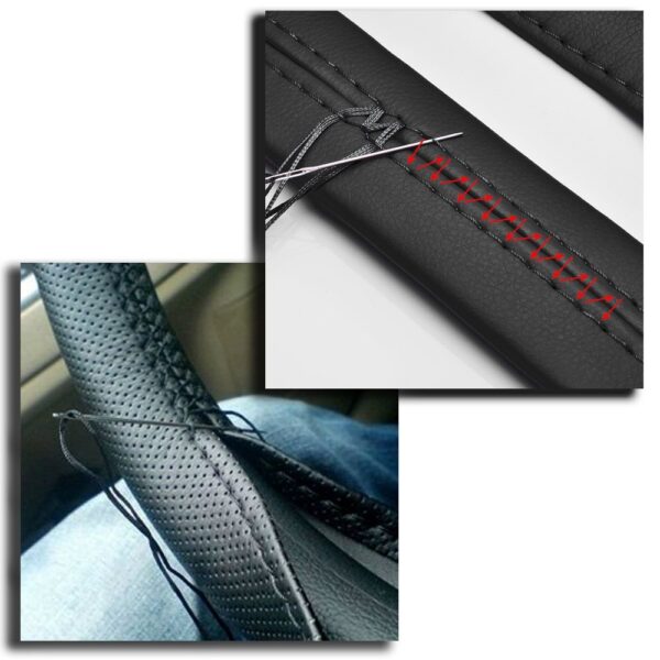 Husa volan din PIELE NATURALA CU DOUA DUNGI ROSII, pentru autoturisme, diametru 37 - 39 cm, cu ac si ata (se coase, aspect ORIGINAL) - imagine 2
