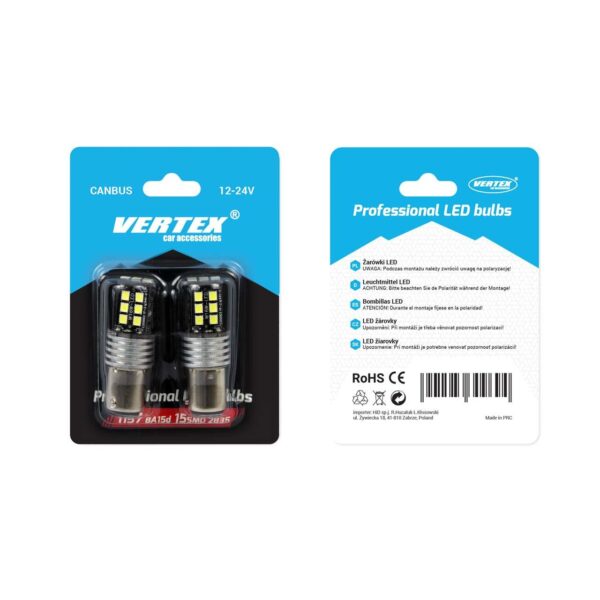 Set becuri auto cu LED CANBUS compatibil P21/5W BA15D 15 SMD 7.5W Alb 12/24V, destinat competitiilor auto sau off-road - imagine 2