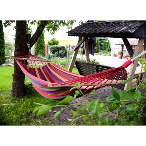 Hamac Multicolor Dublu (2 persoane), 200 x 150 cm, cu bara de 80 cm - ROSU - imagine 6