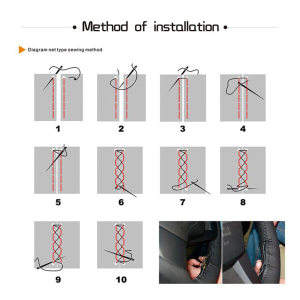 Husa volan din PIELE NATURALA CU DOUA DUNGI ROSII, pentru autoturisme, diametru 37 - 39 cm, cu ac si ata (se coase, aspect ORIGINAL) - imagine 3