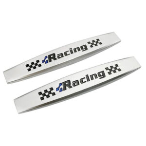 Set 2 x Embleme auto metalice, autoadezive, model "RACING", finisaj Crom, dimensiune, 10 x 1,5 cm