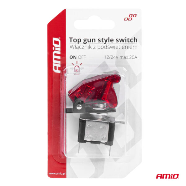 Comutator iluminat (intrerupator) cu protectie, destinatie auto, moto, ATV, SSV, Off-Road, model "TOP GUN", tensiune 12V - 24V, culoare Rosie - imagine 5